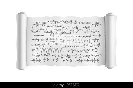 White scroll with lot of hand-drawn complicated scientific formulas and calculations, blueprint plan isolated on white Stock Vector