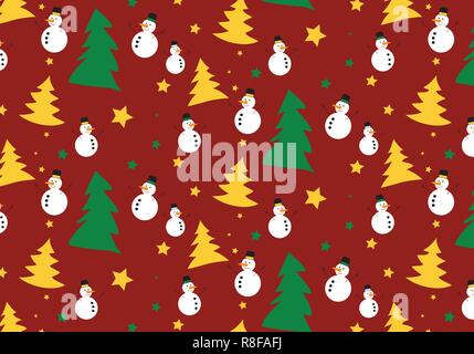 Christmas vector pattern snowman and Christmas tree red background Stock Vector