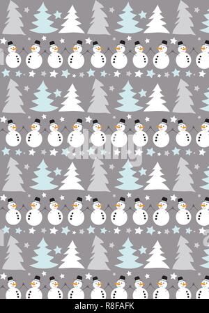 Christmas vector pattern snowman and Christmas tree background Stock Vector