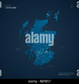 Vector Scotland map illustration with blue neon lightpoints - triangle on dark blue gradient background. Administrative divisions Stock Vector