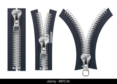 Set of different metallic fasteners, open and closed zippers isolated on white Stock Vector