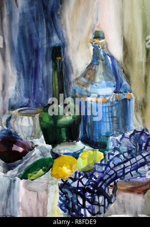 still life gouache color painting the kettle dinnerware blue, bottle, glass Stock Photo