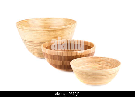 Empty bamboo bowls isolated on white background. Stock Photo