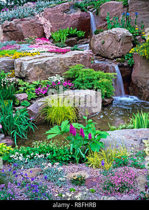 Colourful alpine Rockery and waterfall for a country garden Stock Photo