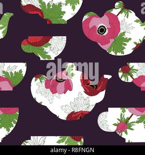 Teapots and teacups with anemones on dark purple background . Vector seamless pattern. Stock Vector