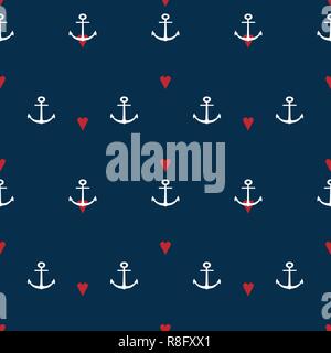Red hearts and anchors on navy blue background vector seamless pattern. Stock Vector