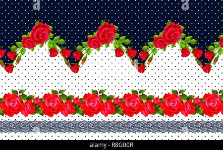 seamless red rose flowers in black border and black dots on background illustration, isolated floral border and black dots background Stock Photo