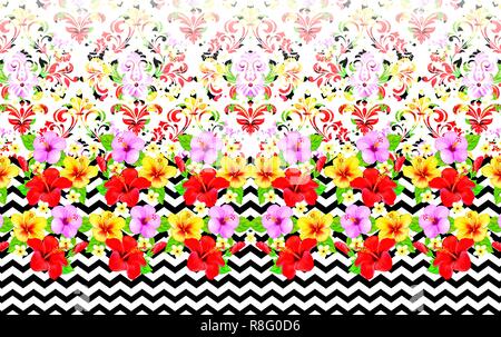 Seamless red and pink flowes in illustration , floral seamless with zigzag backround, isolated flowes and zigzag Stock Photo