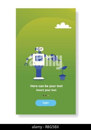 modern robot watering plant house helper bot futuristic artificial intelligence mechanism housekeeping technology flat vertical copy space Stock Vector