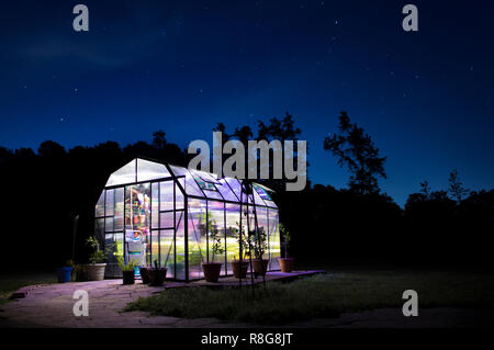 Lights glowing inside a greenhouse at night with brick walkway and stars behind Stock Photo