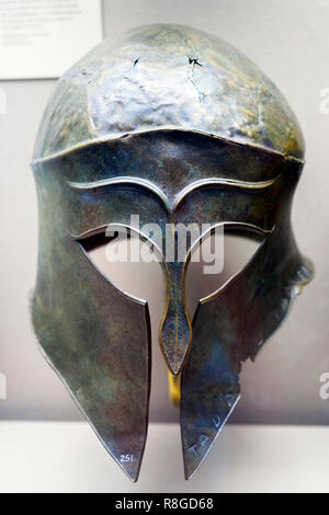 Bronze helmet of Corinthian type Greek, about 460 BC from Olympia British Museum, London, England Stock Photo