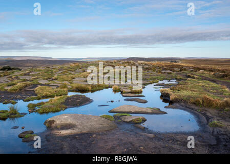 Puddles on the path at Stanage Edge in the Peak District national park, Derbyshire, England. Stock Photo
