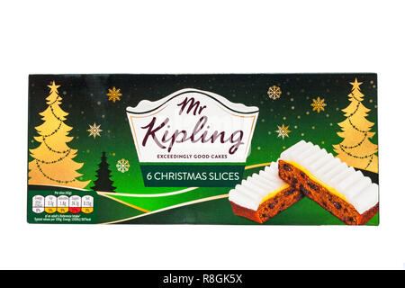 Box of Mr Kipling 6 Christmas Slices exceedingly good cakes isolated om white background Stock Photo
