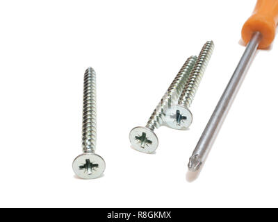 self drilling tapping screws with hex screwdriver isolated on white background Stock Photo