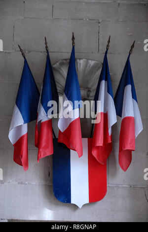 French tricolour flags on a Government building in France Stock Photo