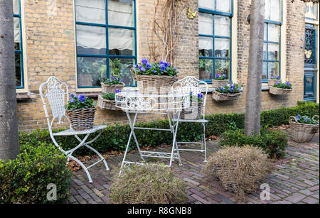 two old white metal chairs with a table and violets as flowers in a front garden in the Netherlands Stock Photo