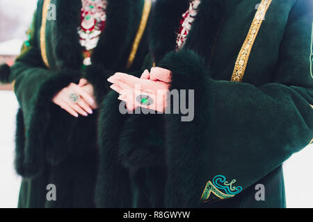 Beautiful girls in national Bashkir costumes. peoples of Russia. Stock Photo