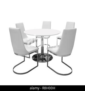 Five soft white chairs around circular white table with nobody, Isolated on white background Stock Photo