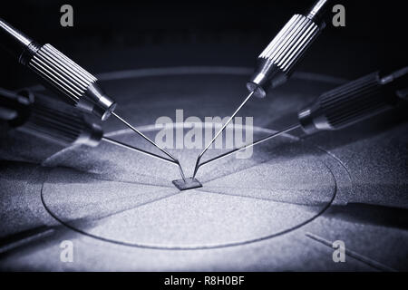manufacture of chips on a printed circuit board under a microscope Stock Photo