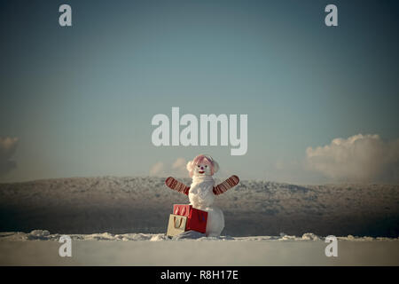 christmas snowman shopper in fashionable hat and pink wig Stock Photo