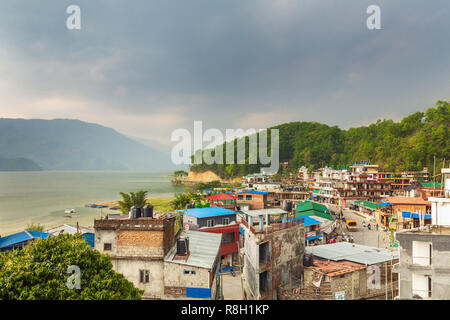 Panoramic view of Phewa Lake and Pokhara, Nepal in the foothills of the Himalayan Mountains Stock Photo