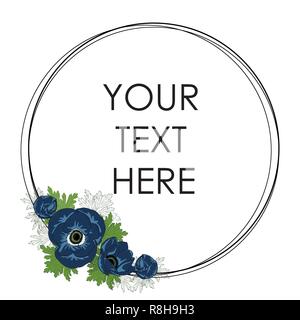 Vector circle frame with blue anemones. Floral frame. Stock Vector