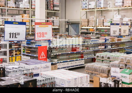 Kiev, Ukraine. August 28 2018. Shelves with countless bottles of wine in a wine shop in the city center. Alcohol products on the shelves in the hyperm Stock Photo