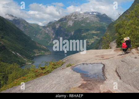 On observation deck, view of mountains and fjord. Geiranger, Norway Stock Photo