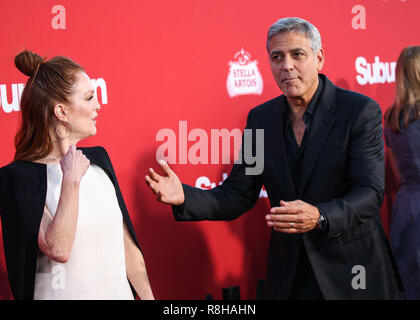 WESTWOOD, LOS ANGELES, CA, USA - OCTOBER 22: Actress Julianne Moore and actor George Clooney at the Los Angeles Premiere Of Paramount Pictures' 'Suburbicon' held at Regency Village Theatre on October 22, 2017 in Westwood, Los Angeles, California, United States. (Photo by Xavier Collin/Image Press Agency) Stock Photo