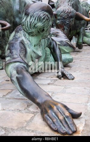 A close up of a figure from the bull run monument in the city of Pamplona in Spain made famous by Ernest Hemingway Stock Photo