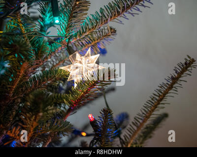 Star shaped bright white Christmas xmas ornament hung on tree Stock Photo