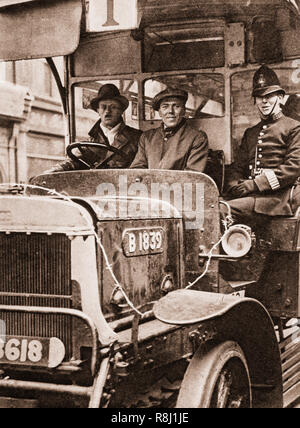 Volunteers transport with police escort during the 1926 general strike in the United Kingdom. The strike, lasting from 3 May 1926 to 12 May 1926, was called by the General Council of the Trades Union Congress (TUC) in an unsuccessful attempt to force the British government to act to prevent wage reduction and worsening conditions for 1.2 million locked-out coal miners. Some 1.7 million workers went out, especially in transport and heavy industry. Stock Photo
