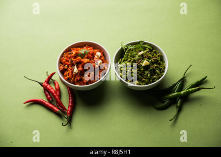 Hot and spicy Hot chilli chutney using lal mirch, cumin seeds, lemon juice and coriander. served in a bowl. selective focus Stock Photo