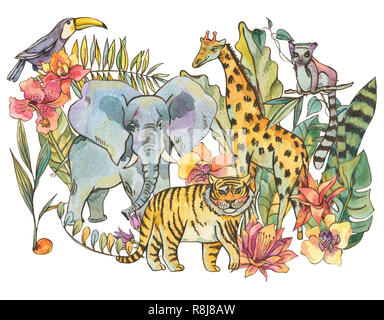 Watercolor jungle illustration, Natural Exotic Tropical Greeting Card with flowers of orchids, monstera, palm, liana, elephant, tiger, giraffe, lemur  Stock Photo