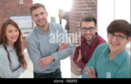 Smiling american team discussing business project during coffee  Stock Photo
