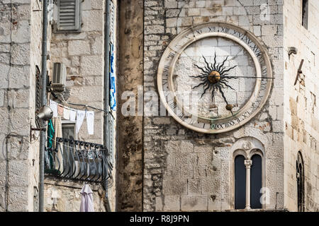 Croatia, Split - September 22th, 2018: A city clock on the tower on the west wall of Diocletian palace in Split, Croatia. Stock Photo