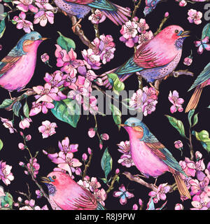 Watercolor floral spring seamless pattern, pink blooming branches of cherry peach, pear, sakura, apple trees and butterflies, beautiful birds in love  Stock Photo