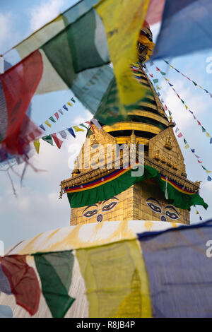 Main stupa and prayer flags at Swayambhunath (Monkey Temple), Kathmandu, Nepal, Asia Stock Photo