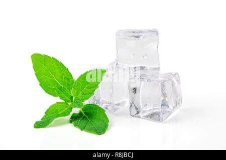 Ice cubes with mint leaves on white background Stock Photo