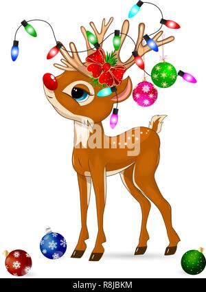 Little cartoon deer with Christmas decorations on a white background. Deer baby with a red nose. Stock Vector