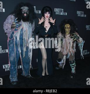 BUENA PARK, ORANGE COUNTY, CA, USA - SEPTEMBER 29: Elvira, Cassandra Peterson at Knott's Scary Farm and Instagram's Celebrity Night 2017 held at Knott's Berry Farm on September 29, 2017 in Buena Park, Orange County, California, United States. (Photo by David Acosta/Image Press Agency) Stock Photo