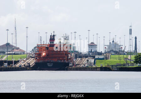 A view of a ship during its transit through Panama Canal Gatun Locks Stock Photo