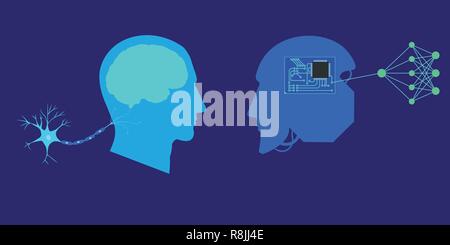 Deep or machine learning concept. Abstract vector illustration with with human and robot heads, neural network and microcircuits. Future technology or Stock Vector
