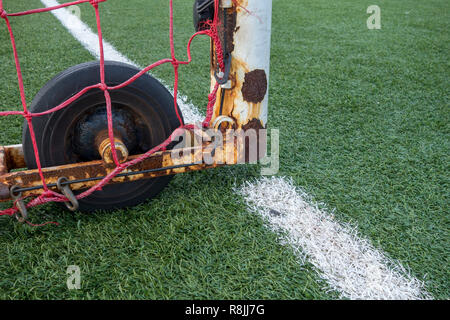 painted white boundary lines of a artficial plastic lawn Stock Photo