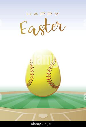 Happy Easter. Sports greeting card. Realistic softball ball in the shape of Easter egg. Vector illustration. Stock Vector