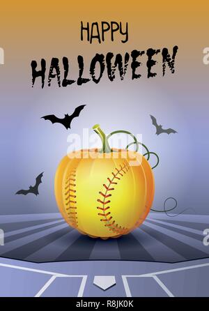 Happy Halloween. Sports greeting card. Realistic softball ball in the shape of a Pumpkin. Vector illustration. Stock Vector