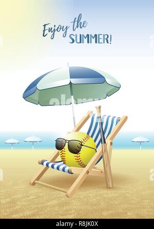Enjoy the Summer! Sports card. Softball ball with sunglasses, beach umbrella, deck chair and wooden bat on the sand beach. Vector illustration. Stock Vector