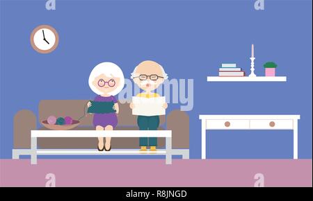 Flat design cartoon illustration of grandfather and grandmother sitting on sofa, reading newspaper and knitting sweater. With a purple wall with clock Stock Vector