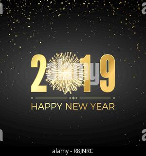 Happy New Year 2019. Greeting card text design. New Years banner with golden numbers and firework. Vector illustration Stock Vector