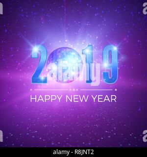 New Year Party card with numbers 2019. Shiny disco ball on night background. Vector illustration Stock Vector